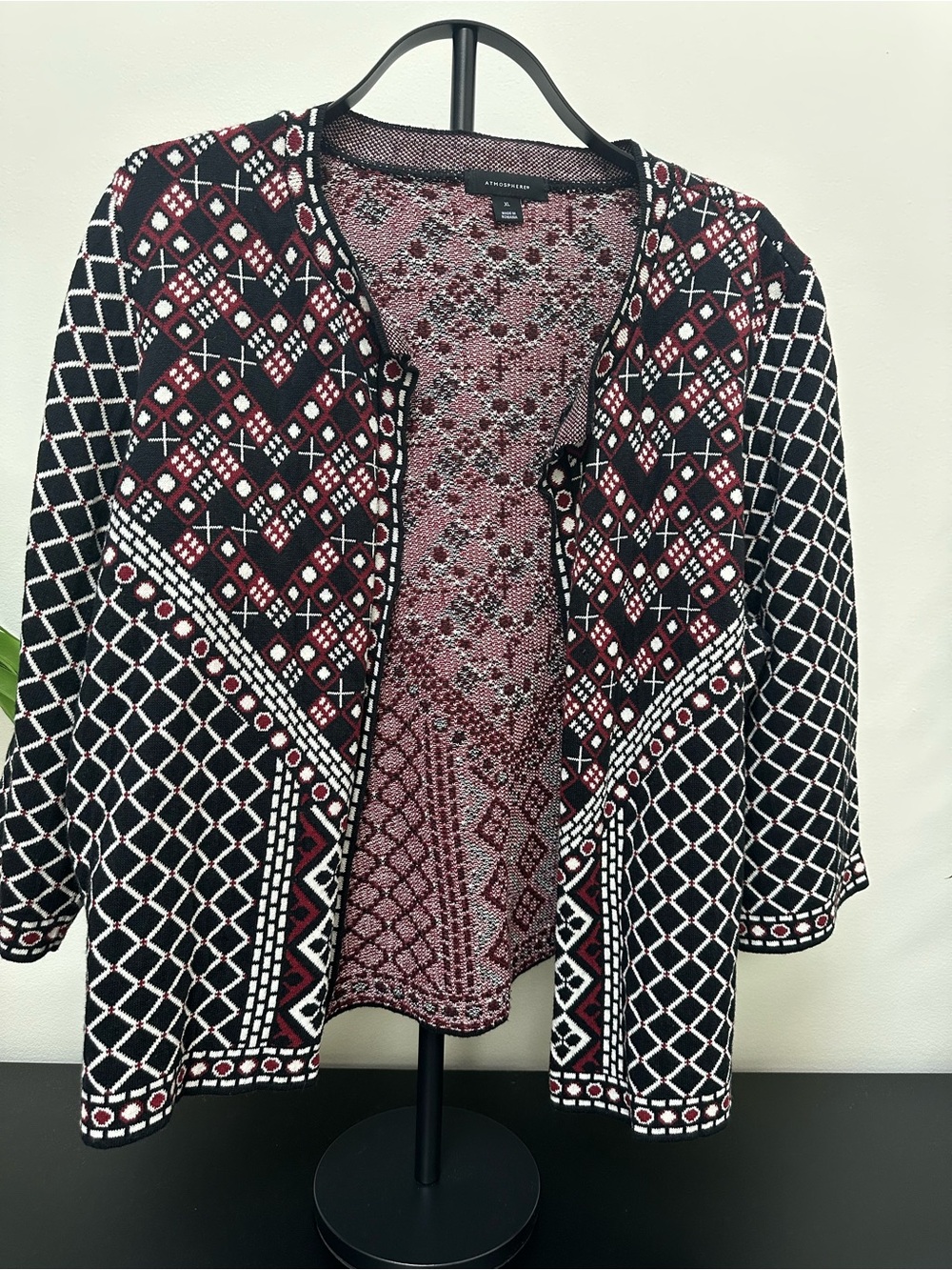 Atmosphere Black White Burgundy Geometric Knit Cardigan